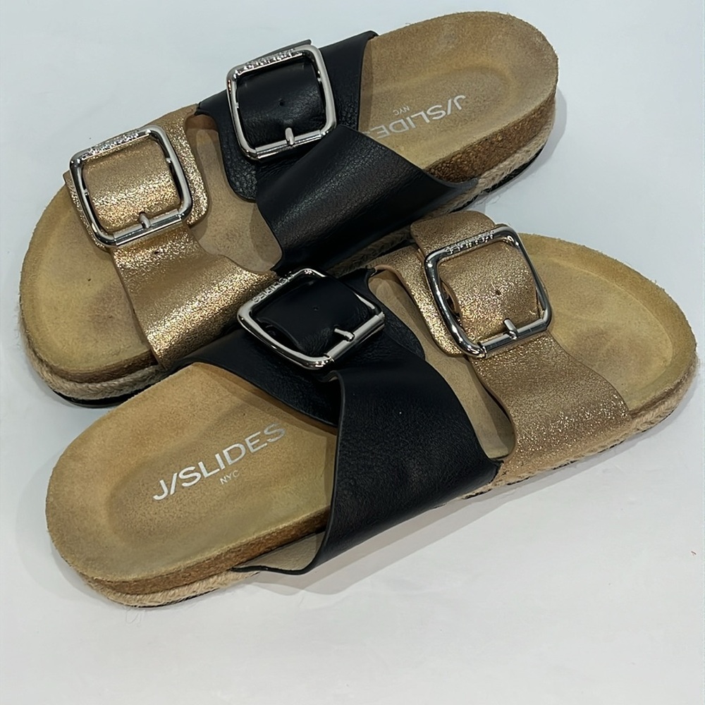J/SLIDES Black and Gold Sandals